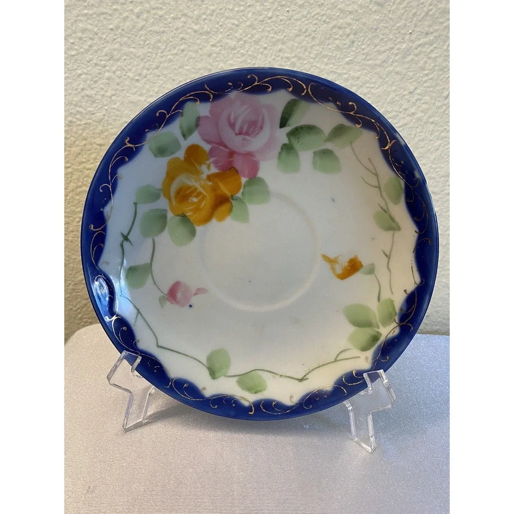 Hand Painted Japan Porcelain Tea Cup Saucer Moriage Cobalt Pink/Orange Flower